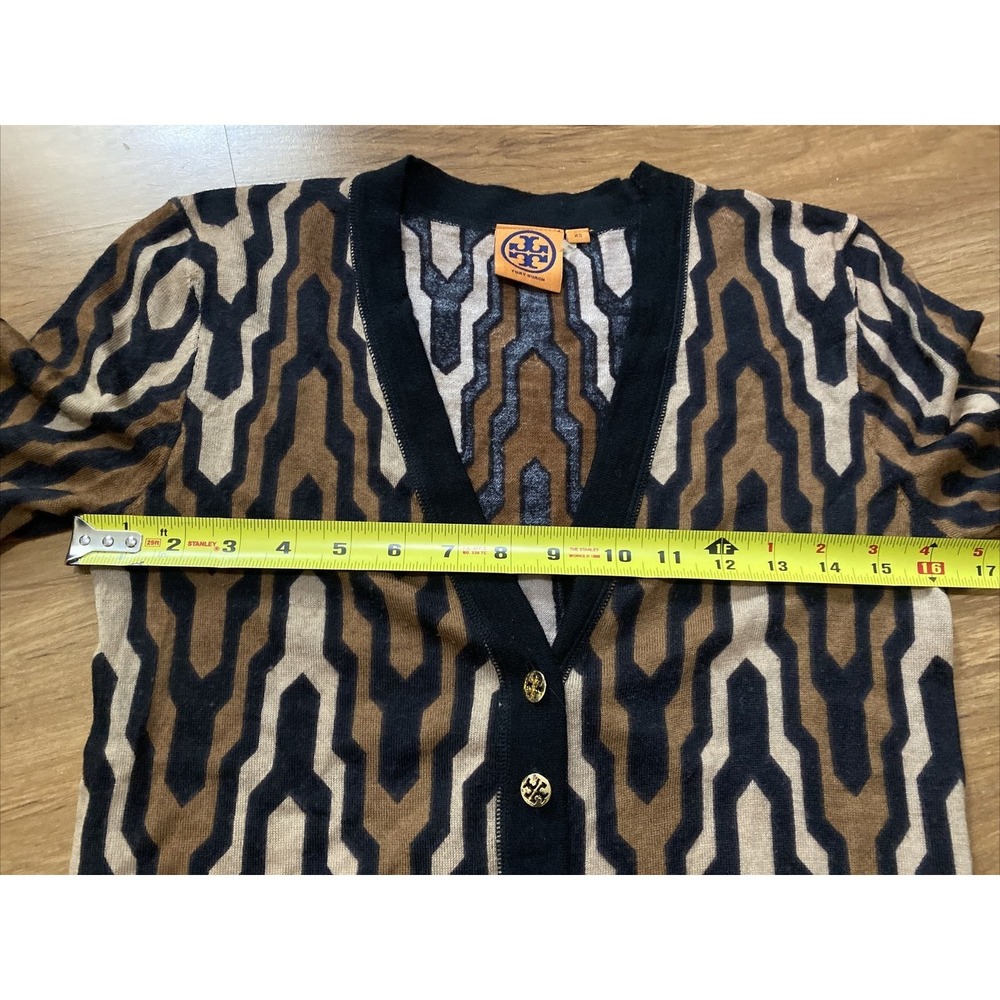 Tory Burch Merino Wool Gold Button L/S Black brown Geometric Cardigan Sz XS - Picture 6 of 8